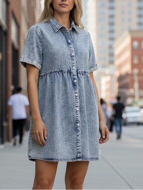 Cute Babydoll Denim Shirt Dress Button Down Light Blue With Pockets Sz L